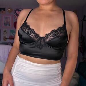 Vintage Y2K black lace satin whimsigoth / goth crop top